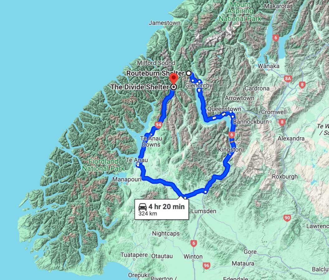 A Google map of the directions from the Routeburn Shelter to the Divide Shelter in New Zealand.